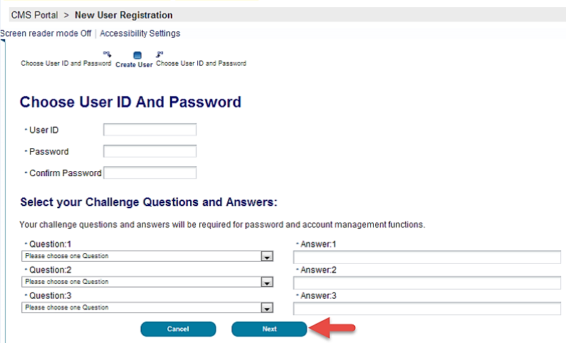 CMS Portal New User Registration Page