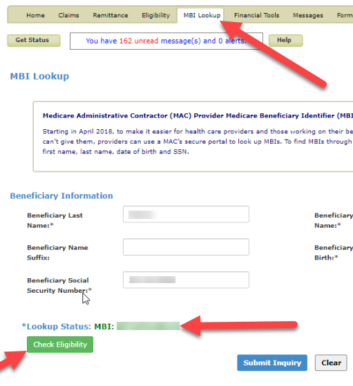 With the MBI Lookup tab open, you will find the Check Eligibility button at the bottom of your screen.