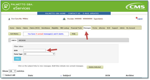 eServices PCR screen