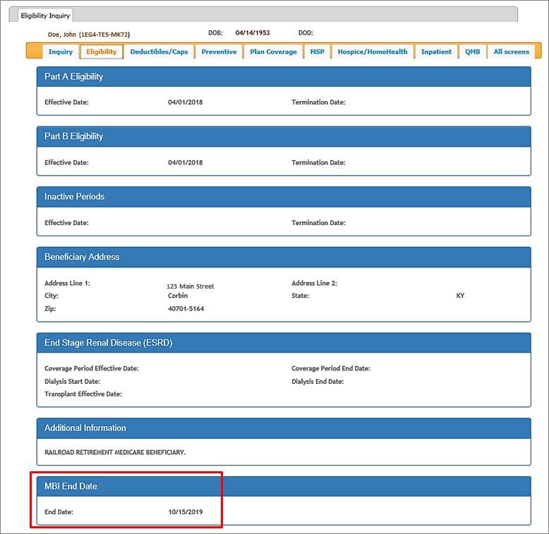 View of Eligibility Inquiry tab with MBI end date