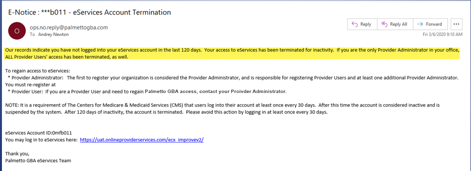 Sample reminder email letting user know they have not logged into eServices