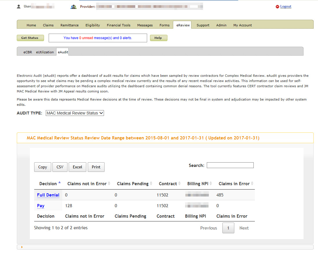 Example of eAudit Claims Data Details Table in eServices