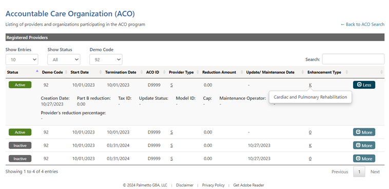 The Accountable Care Organization page will display a listing of providers and organizations participating in the ACO program.