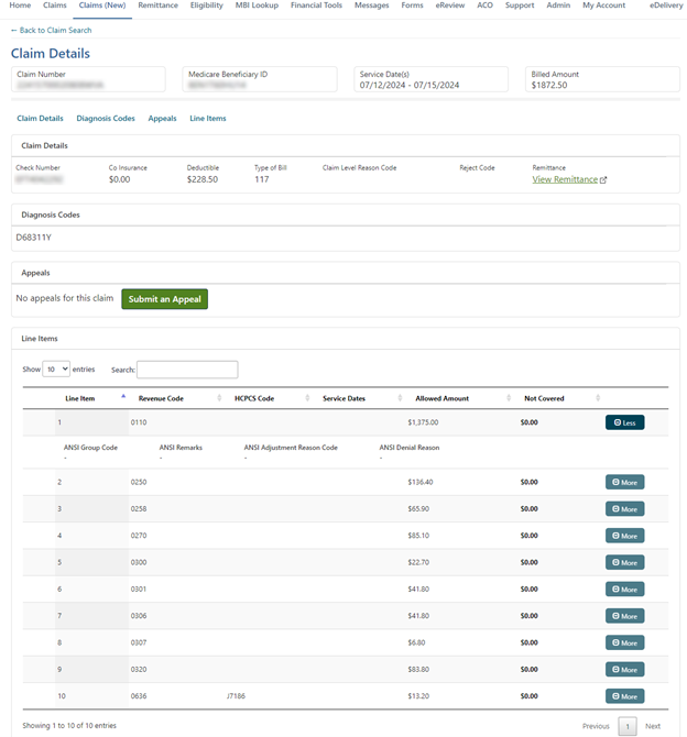 View of Claim Details screen showing new claim line feature