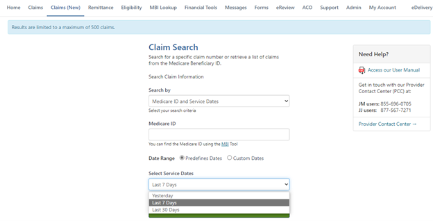 Claims search screen