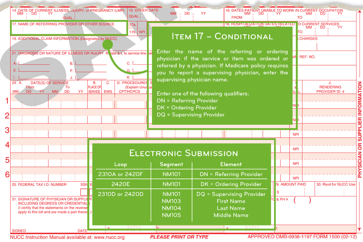 Name of the physician or non-physician practitioner who performs the initial service and orders the non-physician service must appear in item 17. Enter the qualifier to the left of the dotted vertical line on item 17 followed by the name. DN= Referring Provider, DK =Ordering Provider, DQ =Supervising Provider