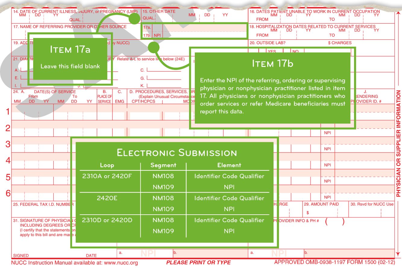 Claims for the services listed below require the name and NPI of the certifying physician or non-physician practitioner of the therapy plan of care be entered as the referring physician in Items 17 and 17b (physical therapy, occupational therapy, speech-language pathology services (including those furnished incident to a physician or non-physician practitioner)