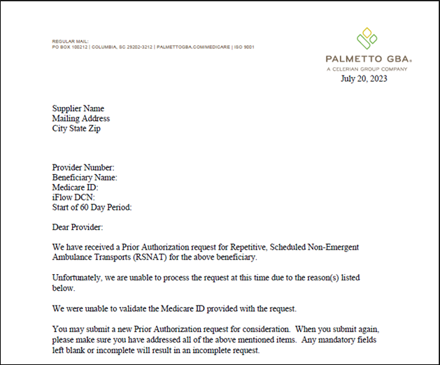 An example of an "Incomplete Prior Authorization" request.