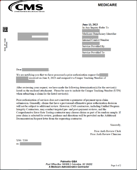 An example of a "Decision Letter" affirming the requested transports.