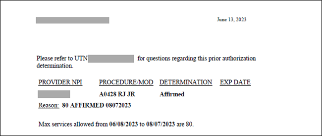 An example of the "Reason Field" contains the decision on the request. 