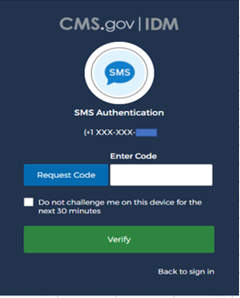 CMS.gov log in screen showing request for authentication code