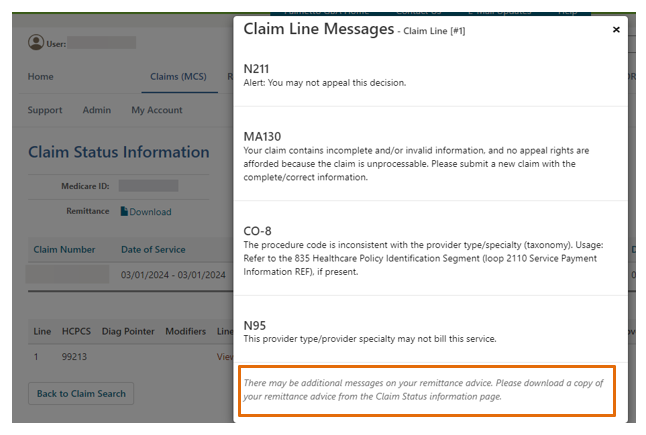 Image of the eServices Portal Claim Line Messsages