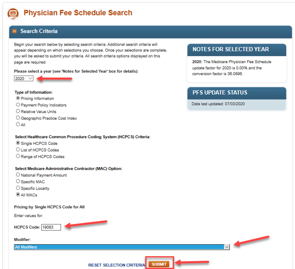 The Physician Fee Schedule Search page.