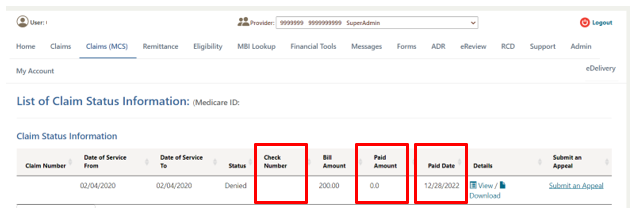 The ability to sort columns on the claim summary results page